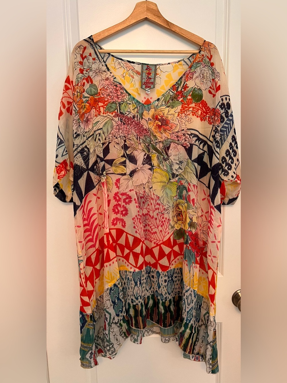 Johnny Was Cream Multicolor Floral & Geometric V-Neck Tunic